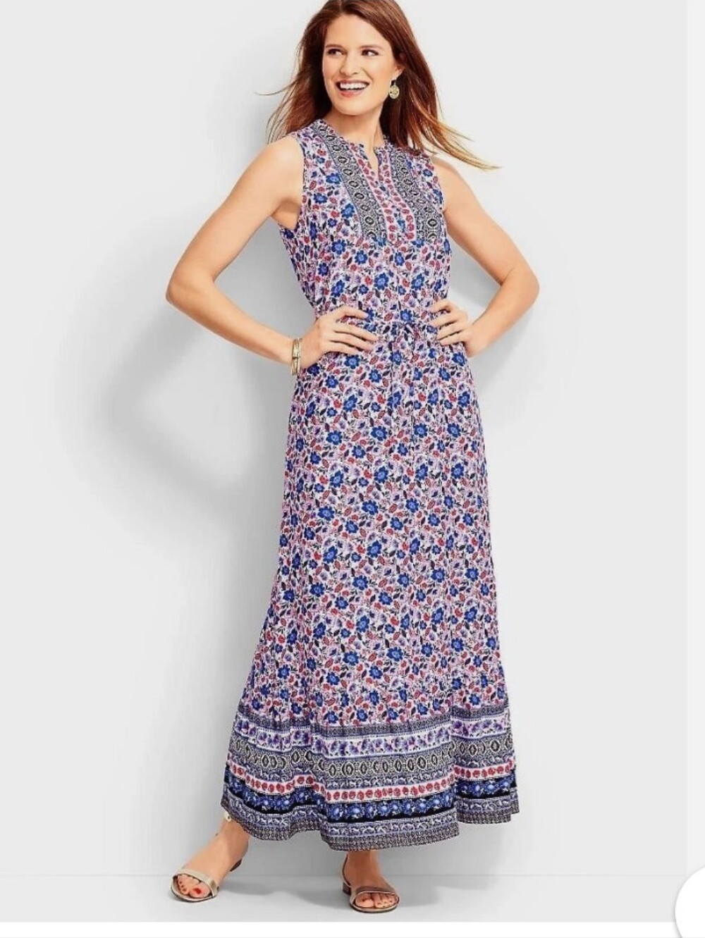 Talbots Petites Floral Sleeveless Tie-Waist Maxi Dress Women's Size 2P Blue/Whte